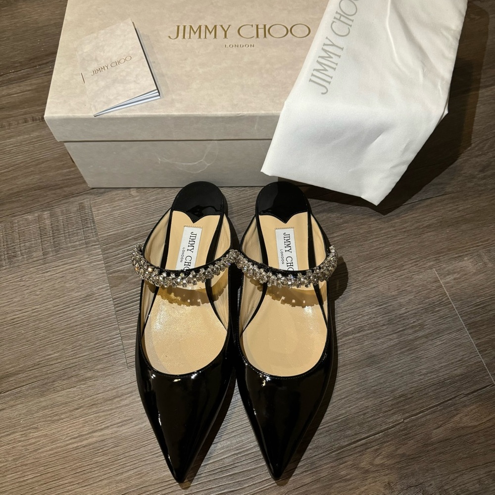 Jimmy Choo Bing Black Patent Leather Crystal Embellished Strap Flats
